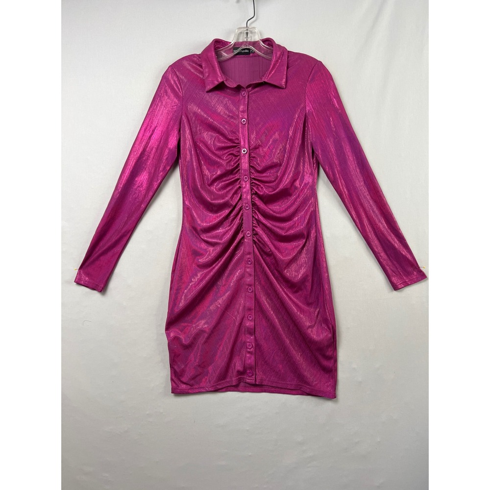 PrettyLittleThing Shirt Dress Womens 8 Pink Bodycon Metallic Ruched Mini